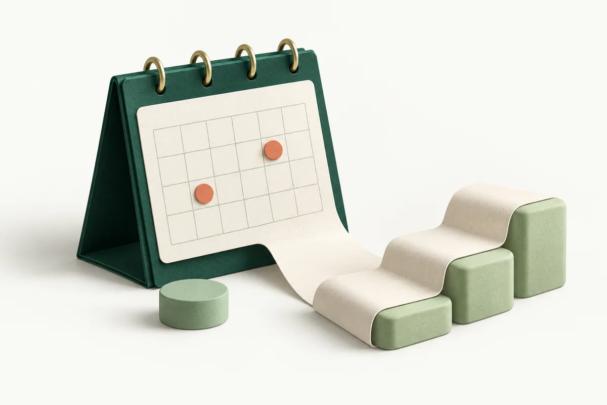Calendario verde con fechas señaladas y un camino de papel sobre pequeños escalones.